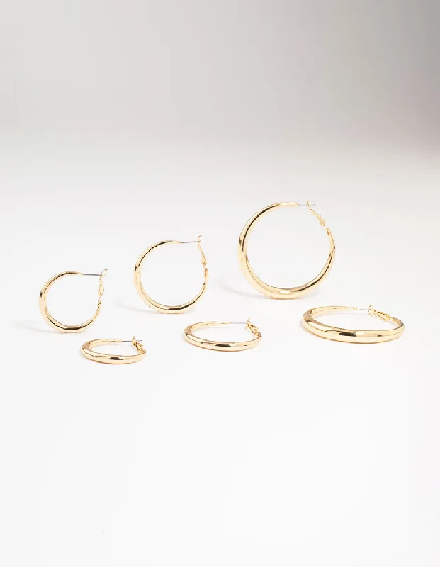 Luxury Gold Earrings-Gold Smooth Huggie Hoop Earrings 3-Pack