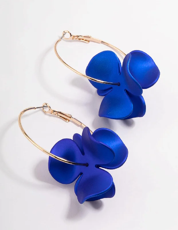 Classic Diamond Earrings-Gold Pealised Blue Flower Hoop Earrings