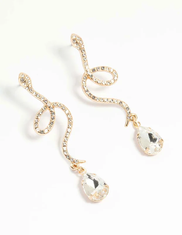 Modern Style Earrings-Gold Diamante Snake Drop Earrings