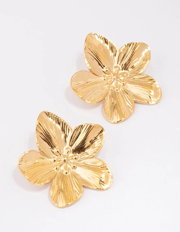 Eco-Friendly Hoop Earrings-Waterproof Gold Plated Stainless Steel Textured Flower Stud Earrings