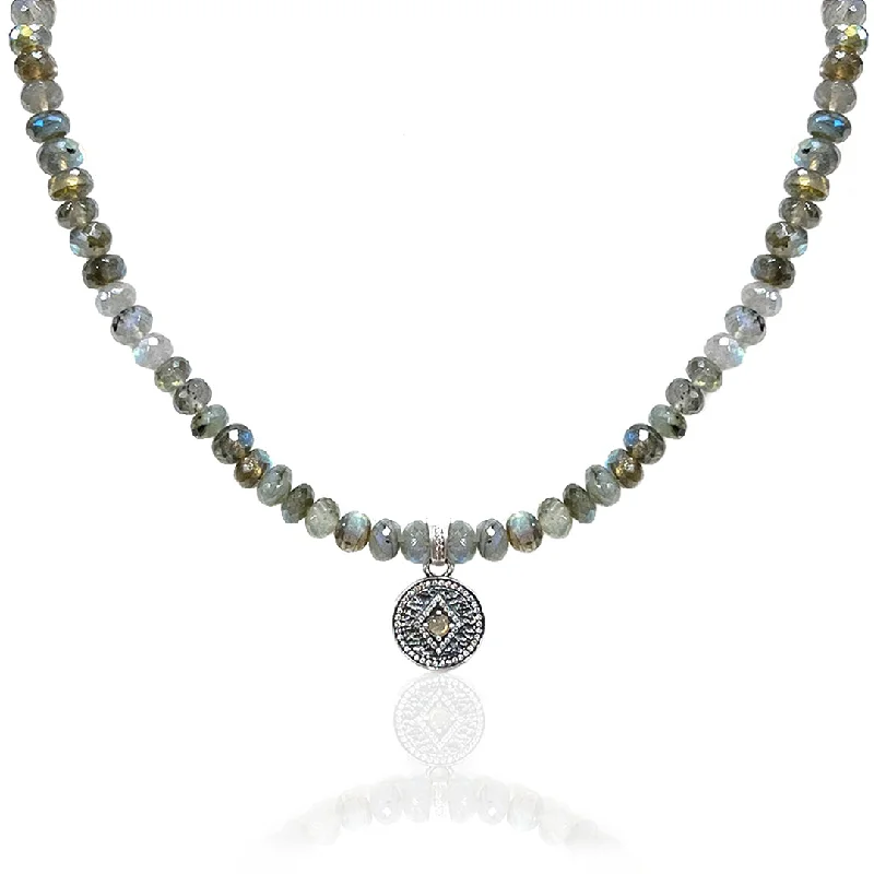 Crystal Beaded Necklace-VINTAGE SILVER LABRADORITE RONDELLE DISC NECKLACE