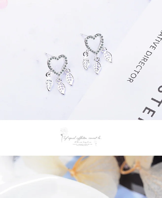 1 Pair Sweet Leaves Heart Shape Plating Hollow Out Inlay Copper Zircon Silver Plated Drop Earrings