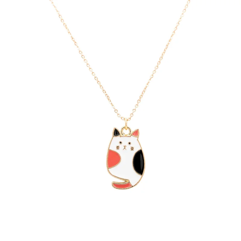 Natural Gemstone Pendant Necklace-Calico Cat Kitten Enamel Charm Necklace Children's Jewelry