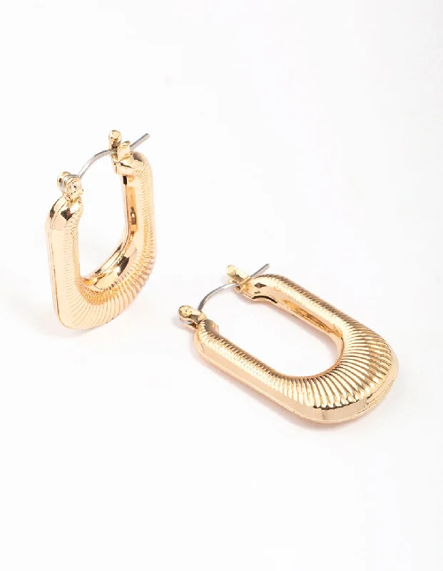 Square Stud Earrings-Gold Ribbed Rectangular Hoop Earrings