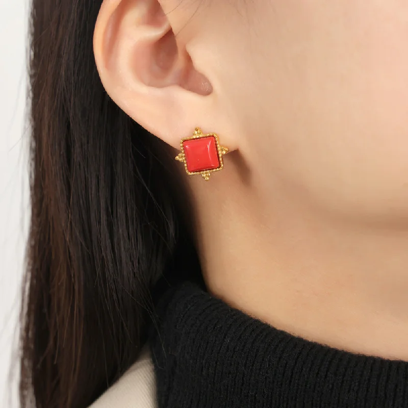 Gold Red Stone Earrings