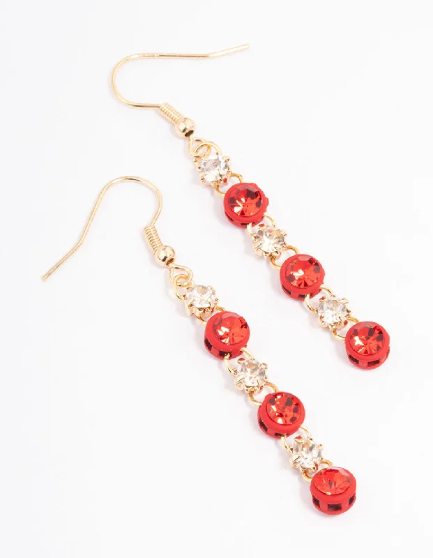 Simple Diamond Stud Earrings-Red Diamante & Stone Chain Drop Earrings