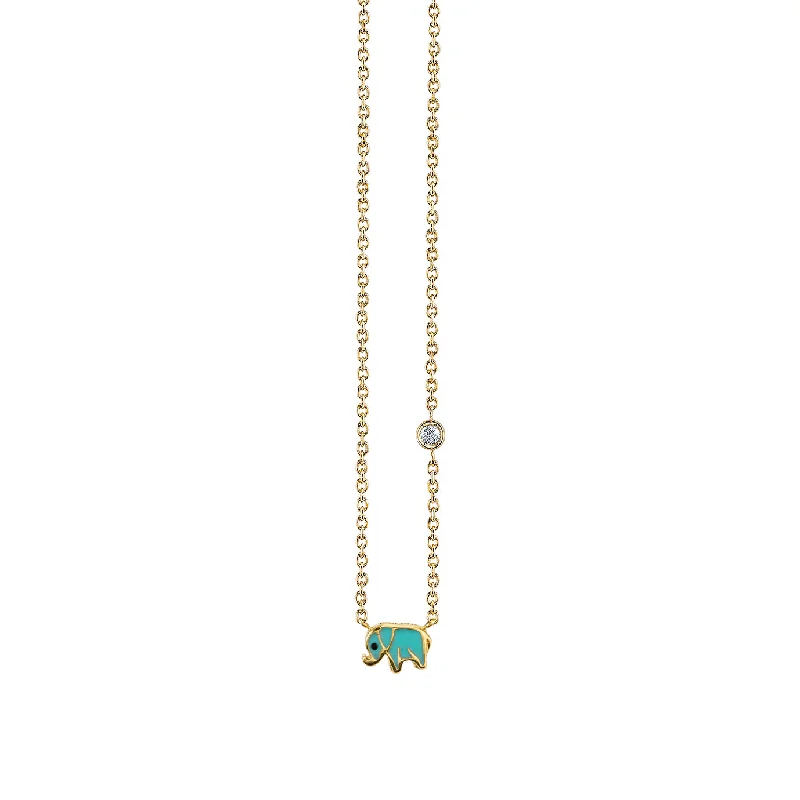 Gold Rope Chain Necklace-Gold & Turquoise Mini Enamel Elephant Necklace with Bezel Set Diamond