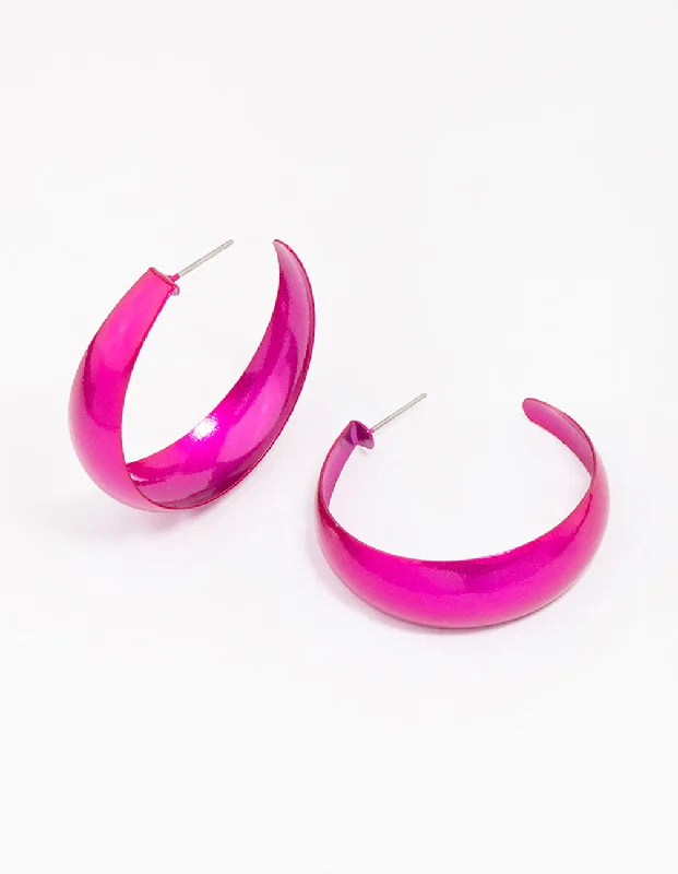 Silver Hoop Earrings-Purple Shiny Chubby Hoop Earrings