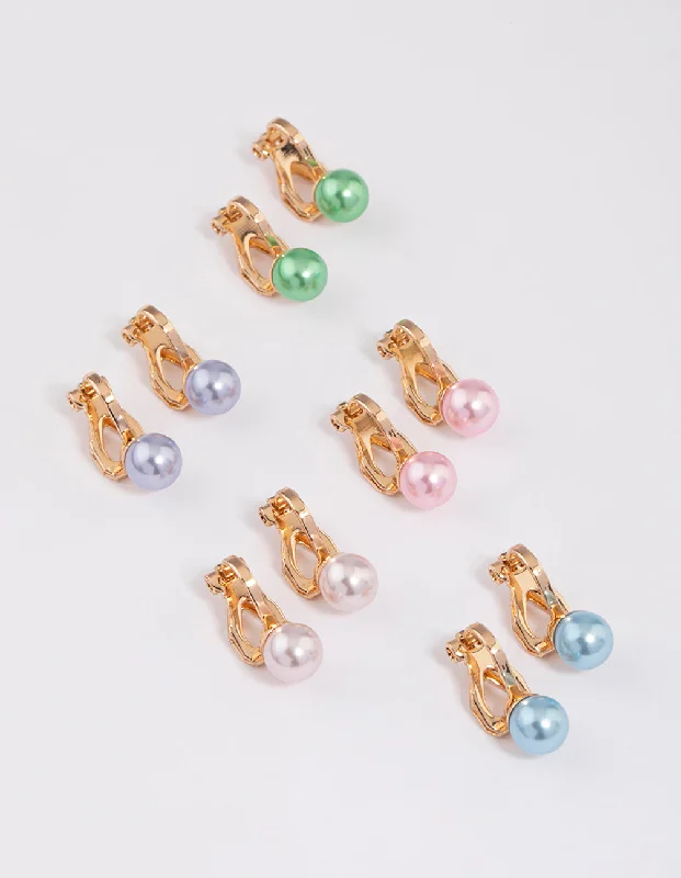 Pink Gold Earrings-Colourful Pastel Pearl Clip On Earrings 5-Pack