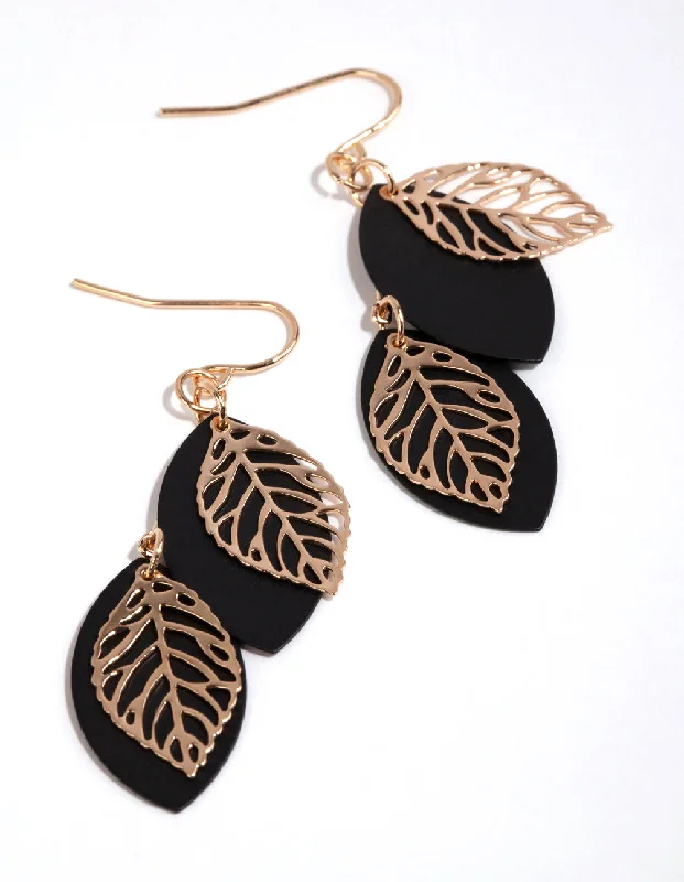 Custom Designed Earrings-Gold Solid & Outline Leaf Earrings