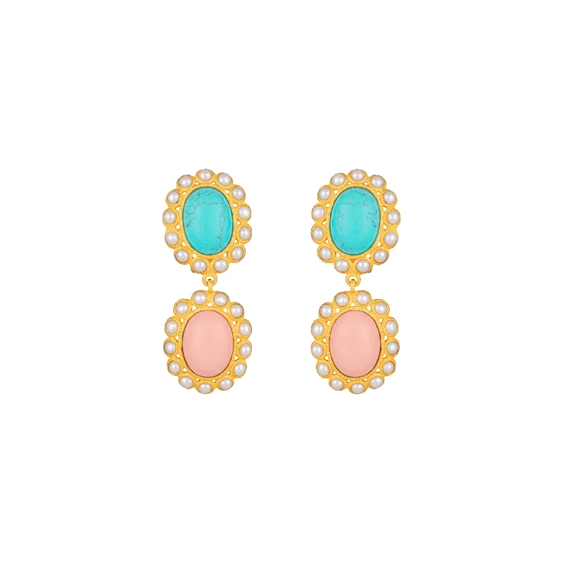 Fashion Bead Earrings-Ada Earrings Pink Coral, Turquoise & Pearls