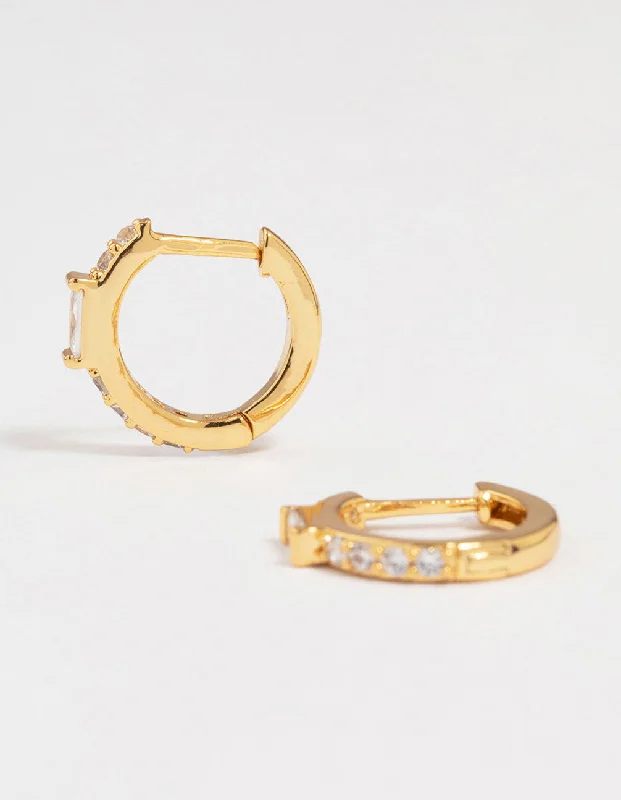 Luxury Diamond Earrings-Gold Plated Diamante Mini Baguette Pave Huggie Earrings