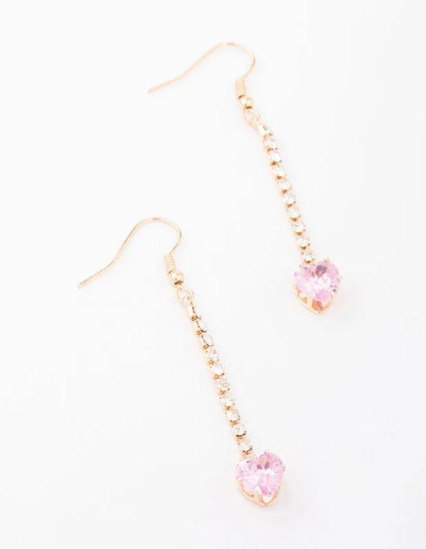 Geometric Dangle Earrings-Pink Diamante Heart Cup Chain Drop Earrings