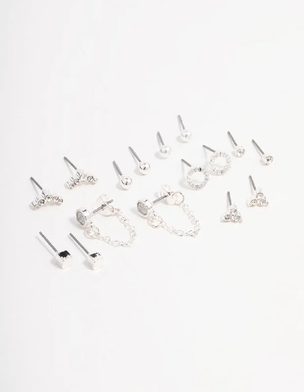 Bridal Gold Earrings-Silver Stud Chain Diamante Earring 8-Pack