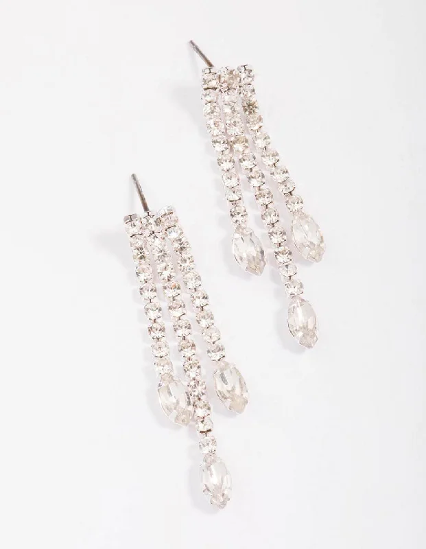 Small Gold Earrings-Silver Cup Chain Pear Diamante Drop Earrings