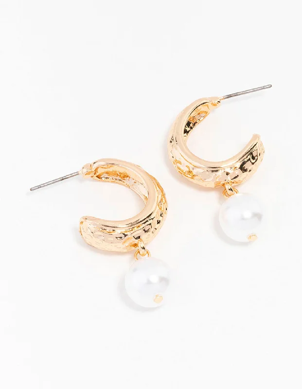 Shiny Drop Earrings-Gold Hammered Pearl Drop Hoop Earrings