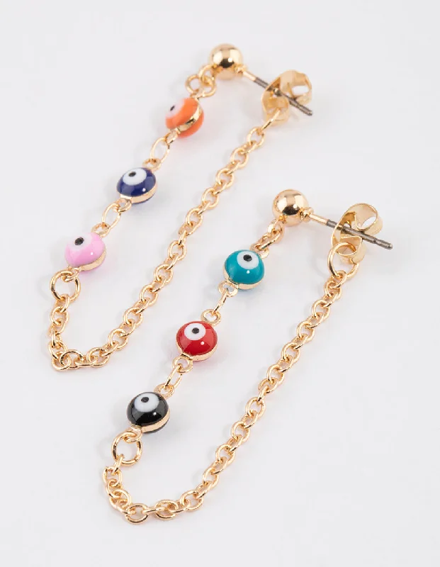 Bold Drop Earrings-Gold Multi Evil Eye Chain Earrings