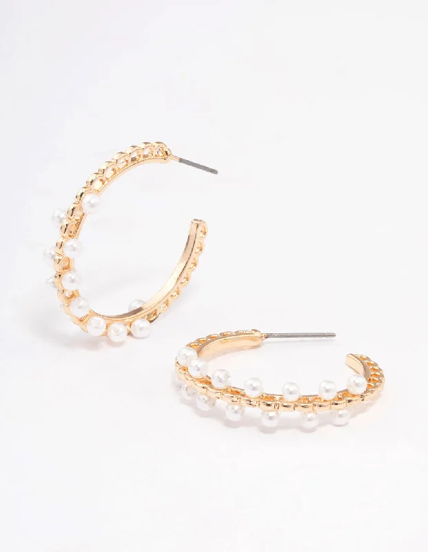 Opal Earrings for Brides-Gold Thin Pearl Ball Hoop Earrings