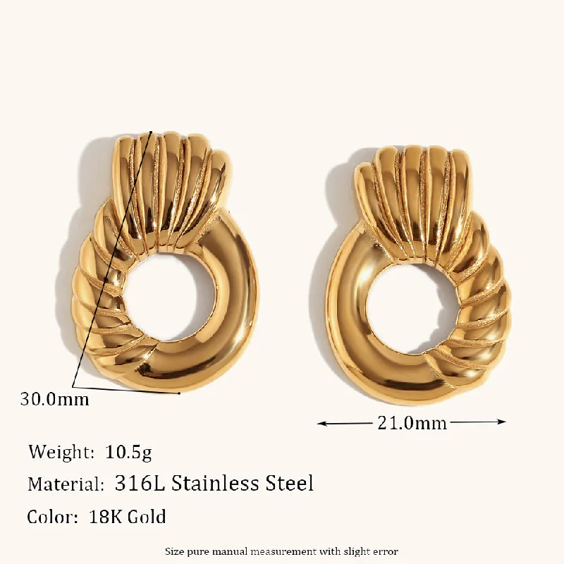 Stitching Twill Ring Handle Geometric Ear Studs-Gold