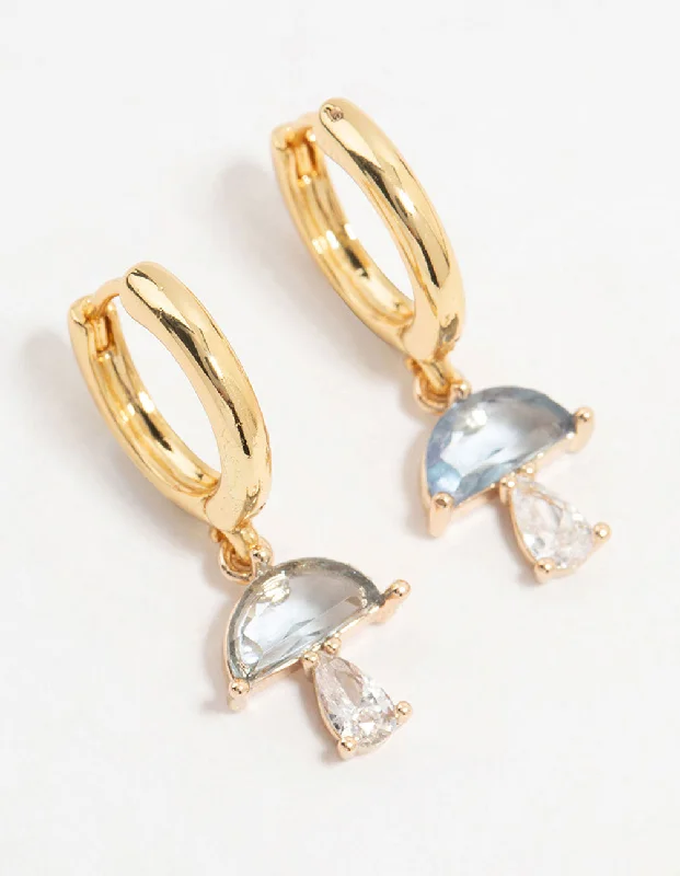 Minimalist Hoop Earrings-Gold Plated Blue Cubic Zirconia Mushroom Huggie Earrings