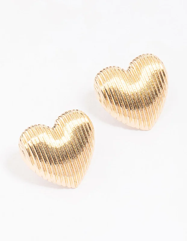 Crystal Cluster Earrings-Gold Ribbed Heart Stud Earrings