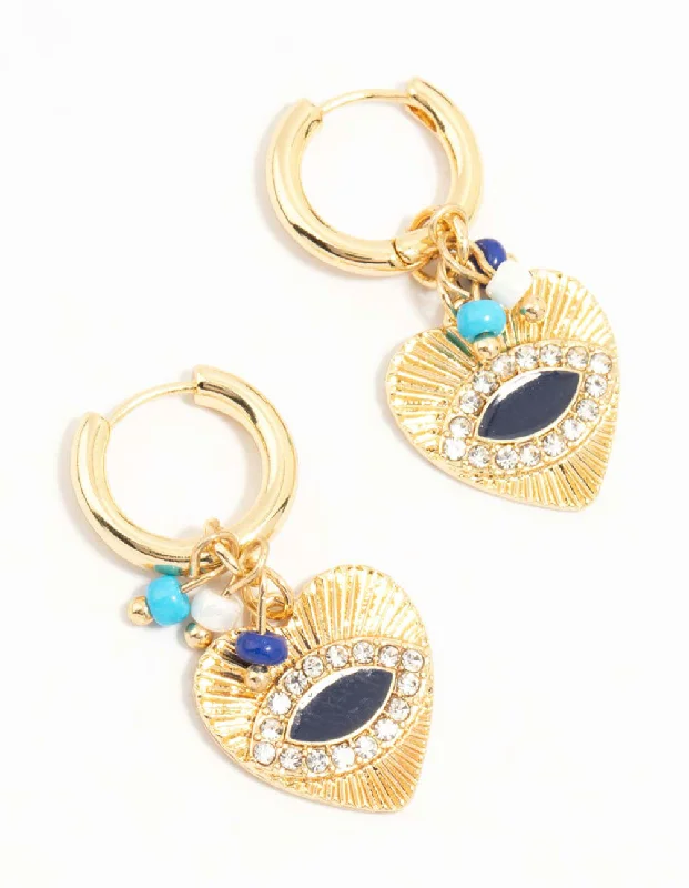 Wedding Earrings for Bride-Gold Plated Cubic Zirconia Textured Evil Eye Huggie Earrings