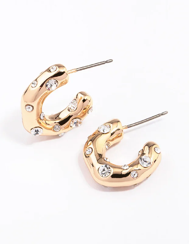 Funky Earrings for Teens-Gold Textured Diamante Hoop Earrings