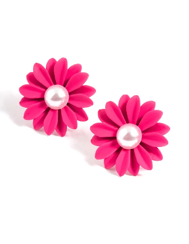 Gold Dangle Earrings-Fuchsia Daisy with Pearl Stud Earrings