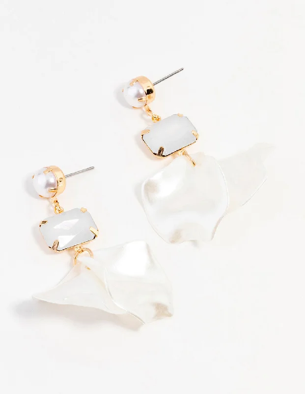 Stud Earrings for Bridesmaids-Gold  Diamante Pearl Petal Drop Earrings