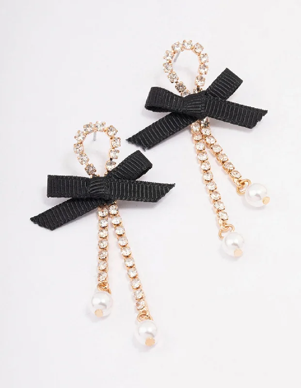 Rose Gold Hoop Earrings-Black Cup Chain Pearl Bow Drop Earrings