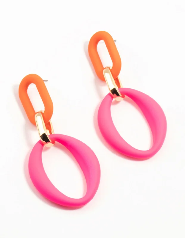 Silver Earrings with Diamonds-Pink & Orange Coated Metal Link Drop Earrings