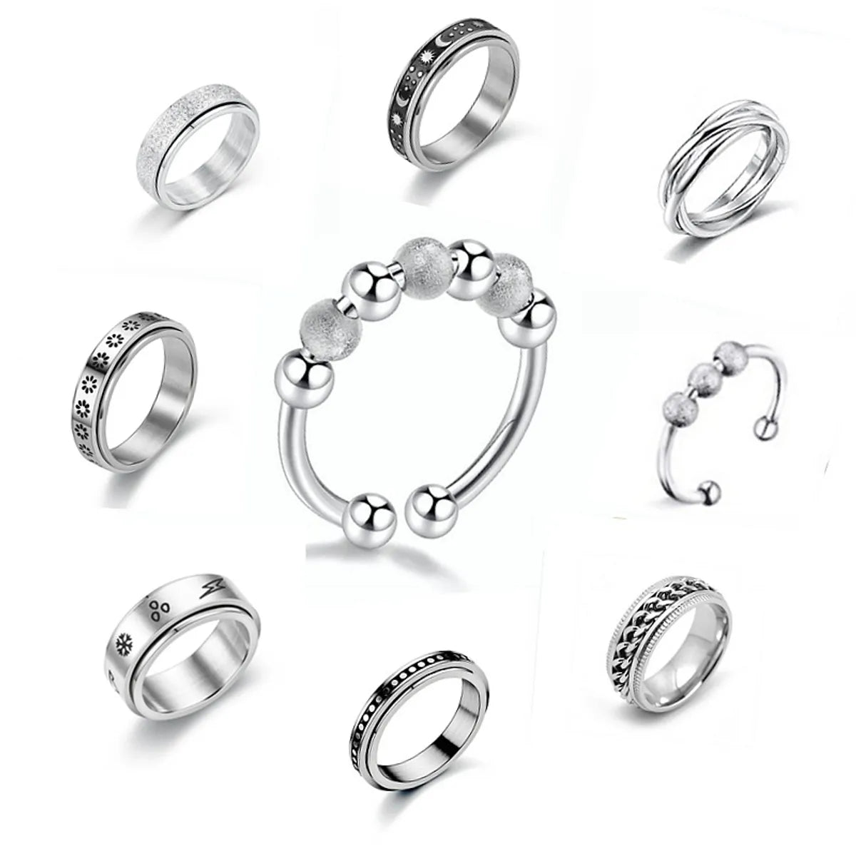 Simple Silver Ring-New Fashion Anti-anxiety Rotating Titanium Steel  Decompression Couple Ring