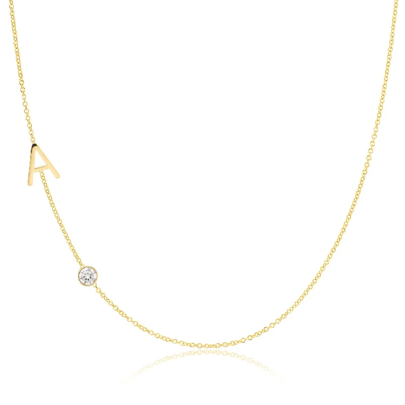 Personalized Silver Necklace-Monogram Necklace with Diamond Yellow Gold