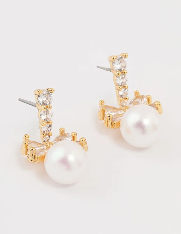 Custom Designed Earrings-Gold Plated Cubic Zirconia & Pearl Bow Drop Earrings