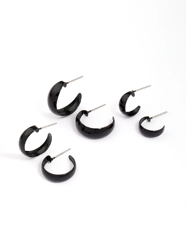 Long Dangling Earrings-Black Chunky Hoop Earring 3-Pack