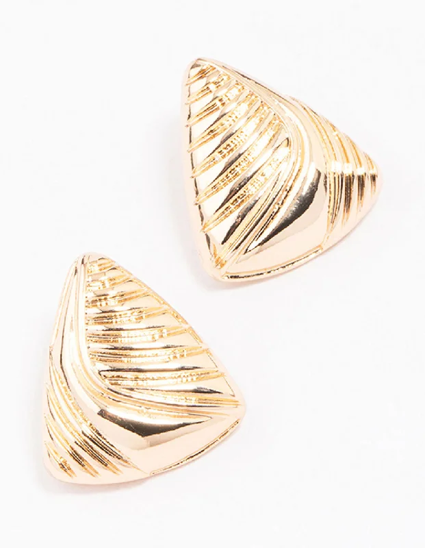 Long Chain Earrings-Gold Ribbed Triangular Stud Earrings