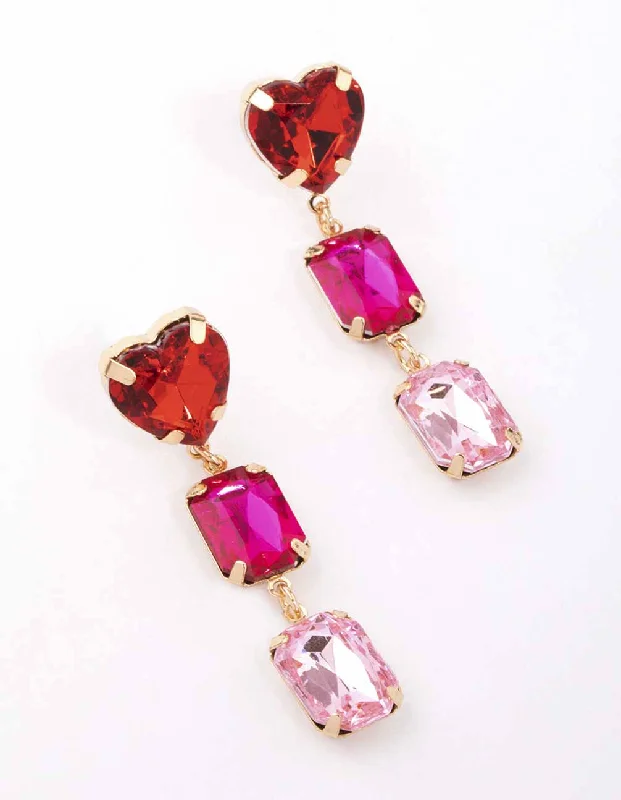 Bridesmaid Earrings-Red Heart Dual Stone Drop Earrings