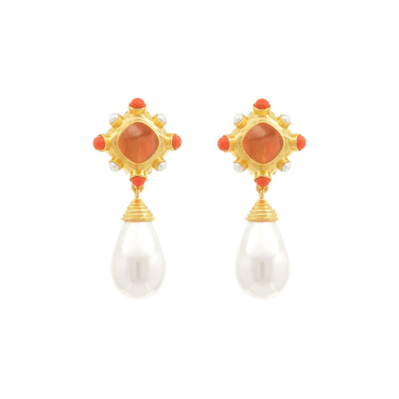 Swarovski Crystal Earrings-Julia Earrings Citrine Quartz, Coral & Pearls