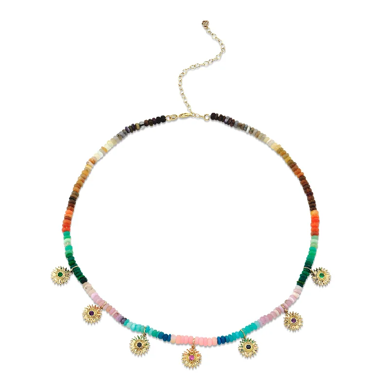 Fashion Bar Necklace-Gold & Rainbow Multi-Charm Sunburst Opal Necklace