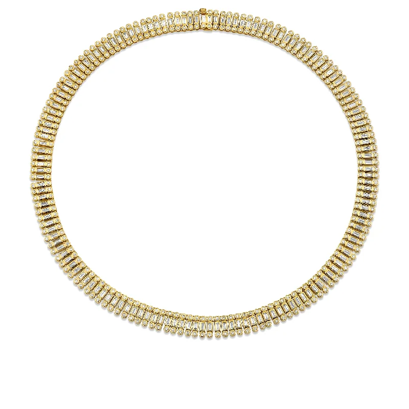 Tropical Necklace for Summer-Gold & Diamond Stacked Baguette and Round Bezel Necklace