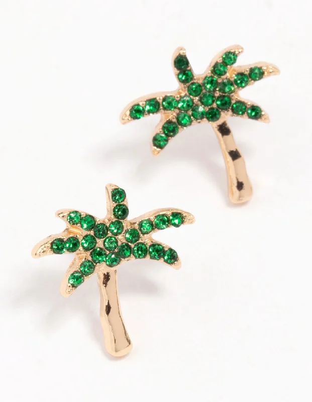 Vintage Drop Earrings-Gold & Green Palm Tree Stud Earrings