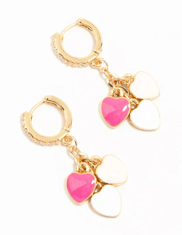 Large Crystal Drop Earrings-Gold Plated Pink & White Heart Huggie Earrings