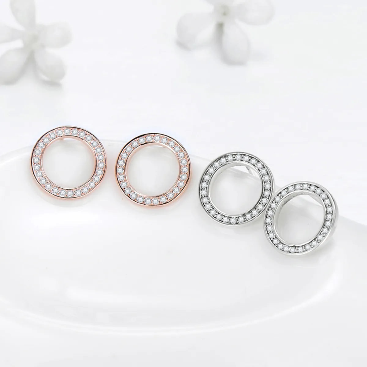 1 Pair Ins Style Simple Style Round Sterling Silver Inlay Zircon Rose Gold Plated Ear Studs