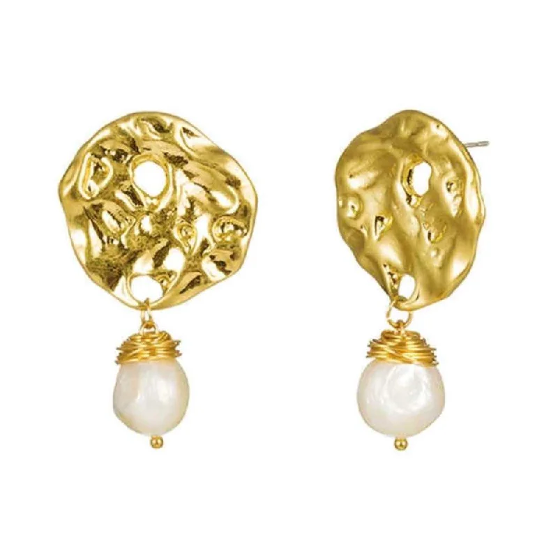 Gemstone Drop Earrings-Baroque Pearl Drop Earrings with Hammered Earrings