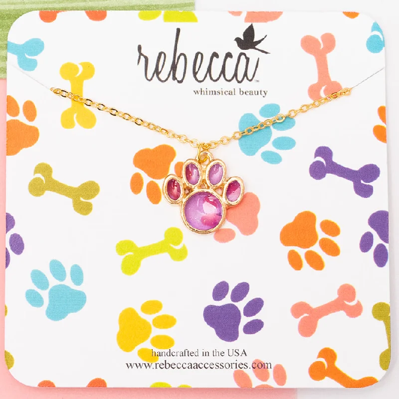 Gold Crystal Pendant Necklace-Paw Print Enamel Charm Necklace