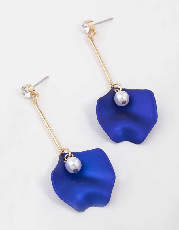 Crystal Cluster Earrings-Blue Diamante Pearl Petal Drop Earrings