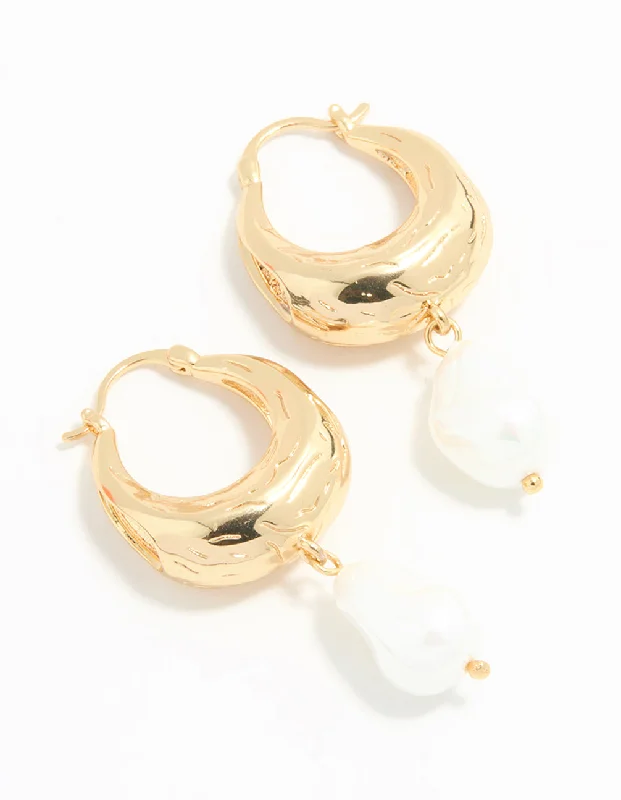 Simple Gold Hoop Earrings-Gold Plated Pearl Drop Hoop Earrings