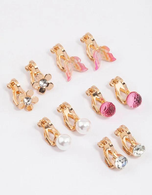 Elegant Drop Earrings-Gold Flower & Butterfly Clip On Earrings 5-Pack