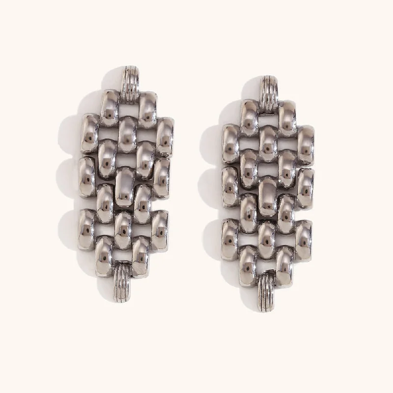 Bohemian Diamond Cast Stitching Strap Chain Stud Earrings-Steel Color