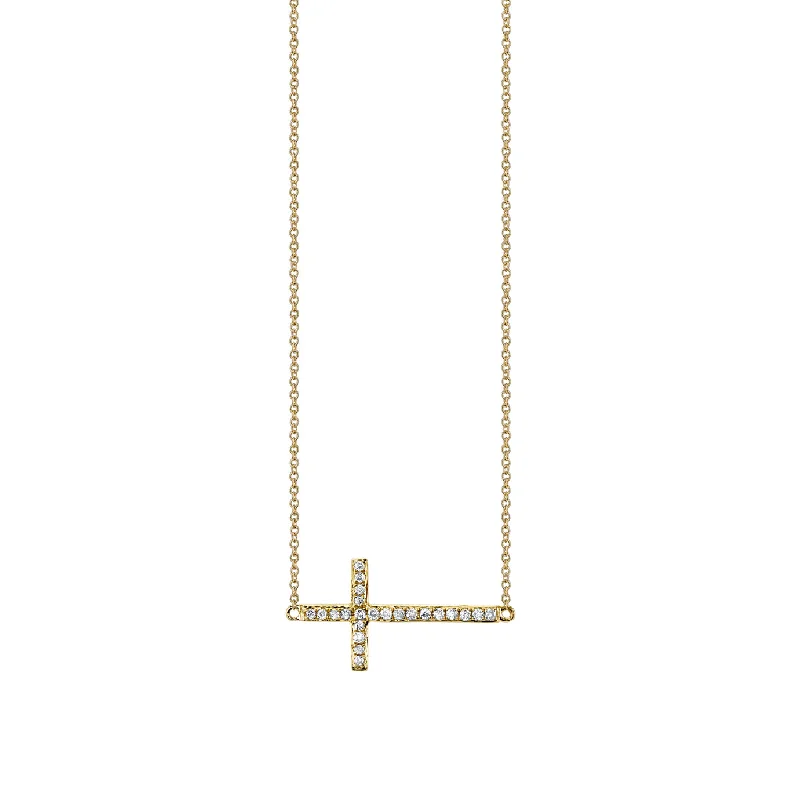 Gold Twist Necklace-Gold & Pavé Diamond Medium Sideways Cross Necklace